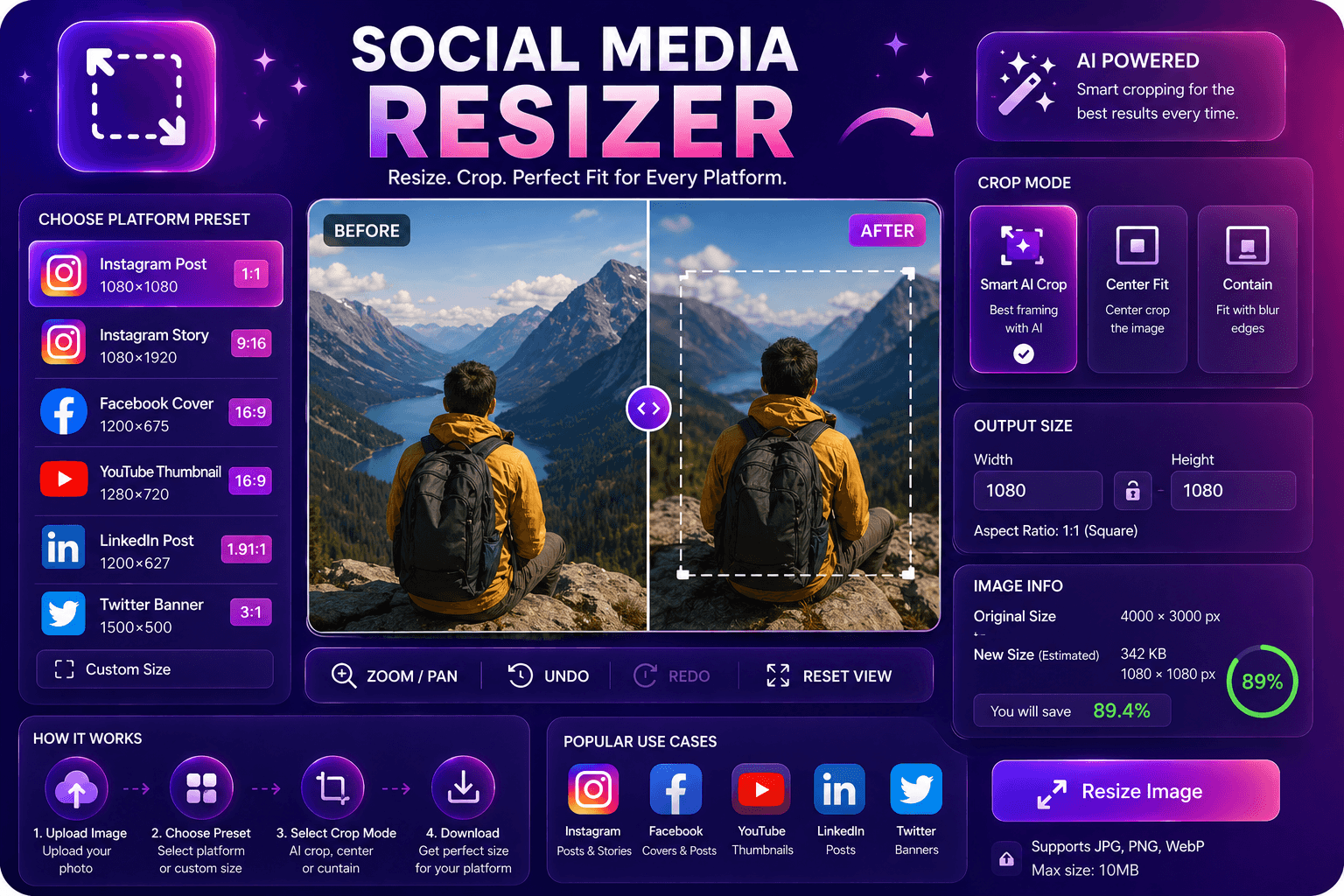 Social media aspect ratio resize presets preview